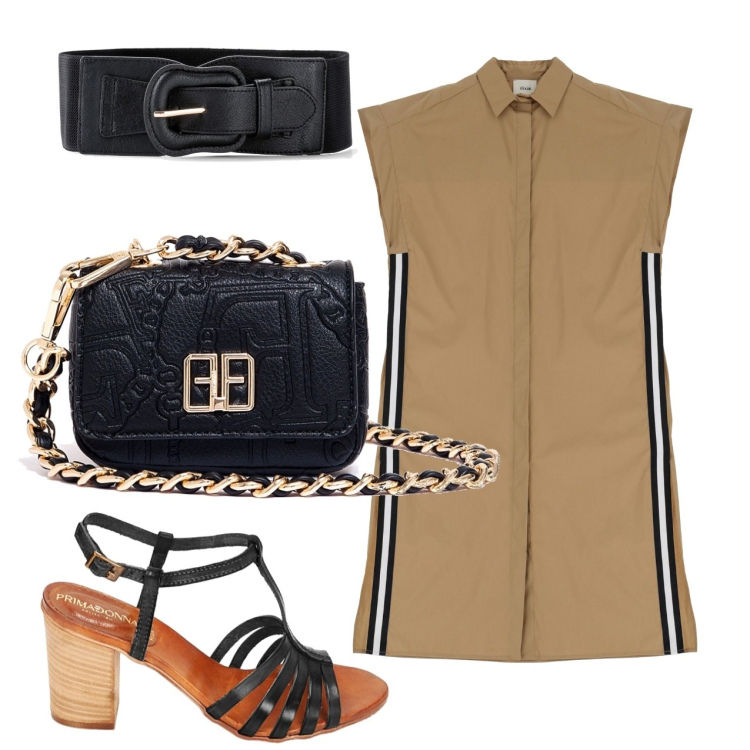 Outfit donna - Seriosa. Stile Minimal per Ufficio. Abbinamento con cinture, marsupi, vestiti lunghi, sandali in pelle.
