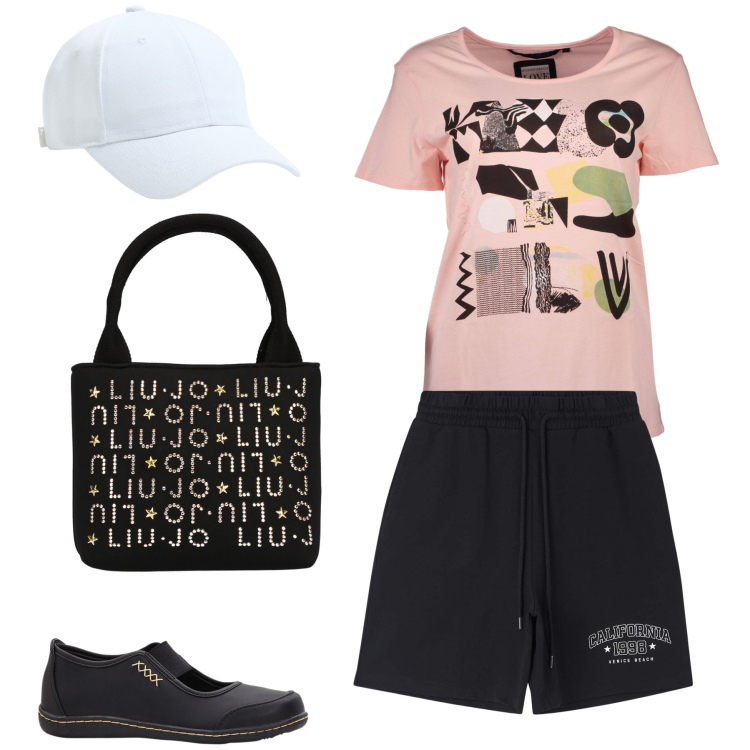 Outfit donna - T-shirt davvero artistica. Stile Basic per Tutti i giorni. Abbinamento con ballerine, cappelli, pantaloncini sportivi, t-shirt, borse a mano.