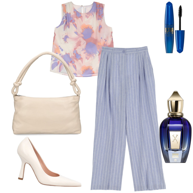 Outfit donna - Leggiadro total look. Stile Bon Ton per Tutti i giorni. Abbinamento con mascara, profumi, pantaloni a palazzo, top, borse a spalla, décolleté.