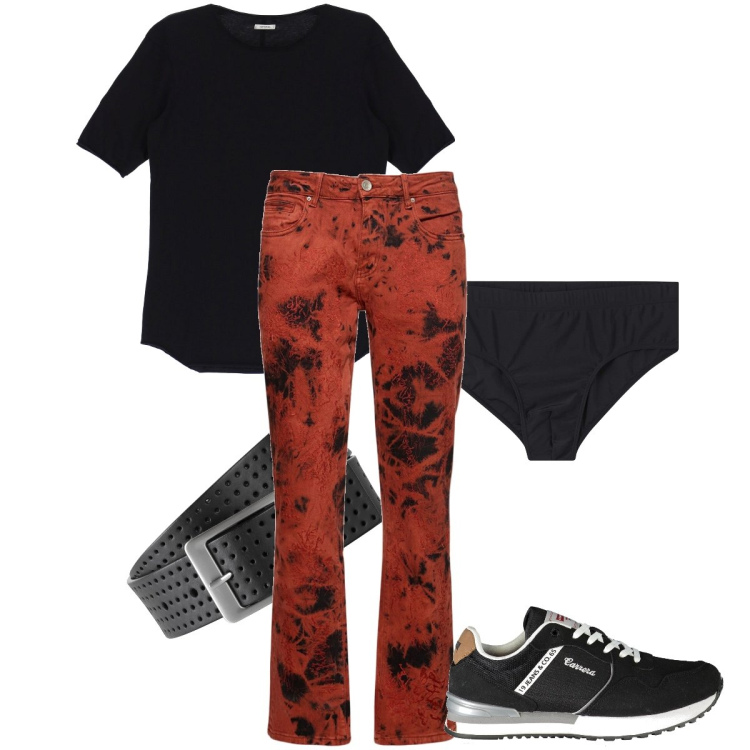 Outfit uomo - Il pantalone “macchiato”. Stile Trendy per Tutti i giorni. Abbinamento con cinture, costumi, t-shirt, jeans dritti, sneakers.