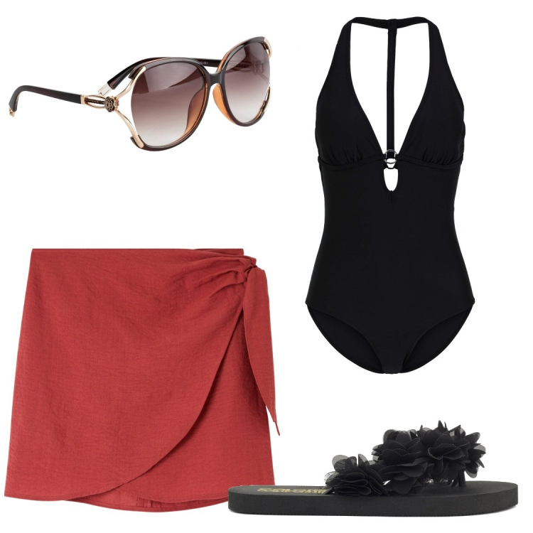 Outfit donna - Glamour low cost. Stile Glamour per Mare. Abbinamento con costumi interi, occhiali da sole, vestiti da spiaggia, infradito.