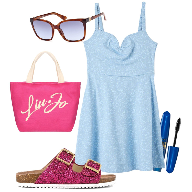 Outfit donna - Bordo piscina. Stile Bon Ton per Mare. Abbinamento con mascara, vestiti midi/longuette, shopping bag, occhiali da sole, sandali.