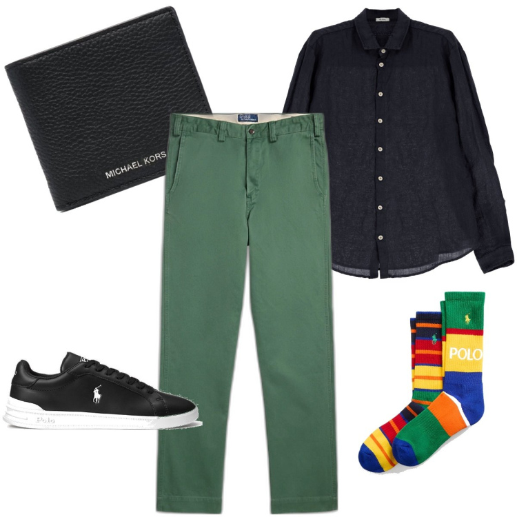 Outfit uomo - I calzini colorati. Stile Trendy per Ufficio. Abbinamento con pantaloni, sneakers, calzini, camicie, portafogli.
