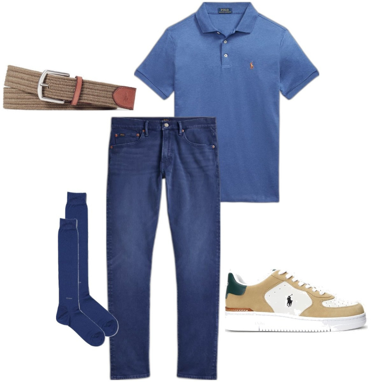 Outfit uomo - Le sneakers scamosciate. Stile Urban per Ufficio. Abbinamento con polo, cinture, sneakers, jeans, calzini.