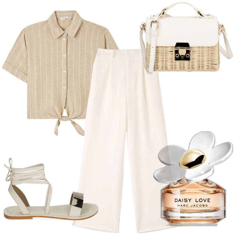 Outfit donna - A lavoro. Stile Casual chic per Ufficio. Abbinamento con profumi, pantaloni, camicie a manica corta, sandali in pelle, borse a tracolla.
