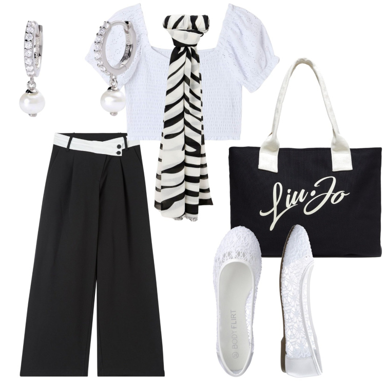 Outfit donna - Total look #1891694. Stile Chic per Tutti i giorni. Abbinamento con ballerine, pantaloni, bluse, orecchini, foulard, shopping bag.