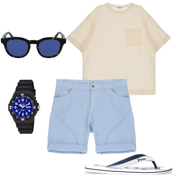Outfit uomo - La t-shirt col taschino. Stile Casual per Mare. Abbinamento con orologi, t-shirt, shorts, sandali, occhiali da sole.