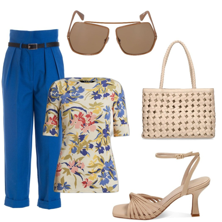 Outfit donna - Bella e comoda in ufficio. Stile Basic per Ufficio. Abbinamento con pantaloni, sandali col tacco, maglieria, borse a spalla, occhiali da sole.