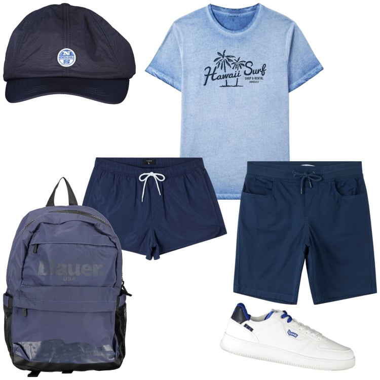 Outfit uomo - Destinazione mare. Stile Casual per Mare. Abbinamento con costumi, t-shirt, shorts, borse sportive, cappelli con visiera, sneakers.