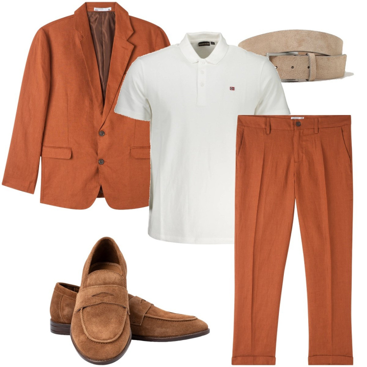 Outfit uomo - Il completo arancio. Stile Business/Elegante per Serata speciale. Abbinamento con giacche, pantaloni chino, polo, cinture, scarpe stringate.