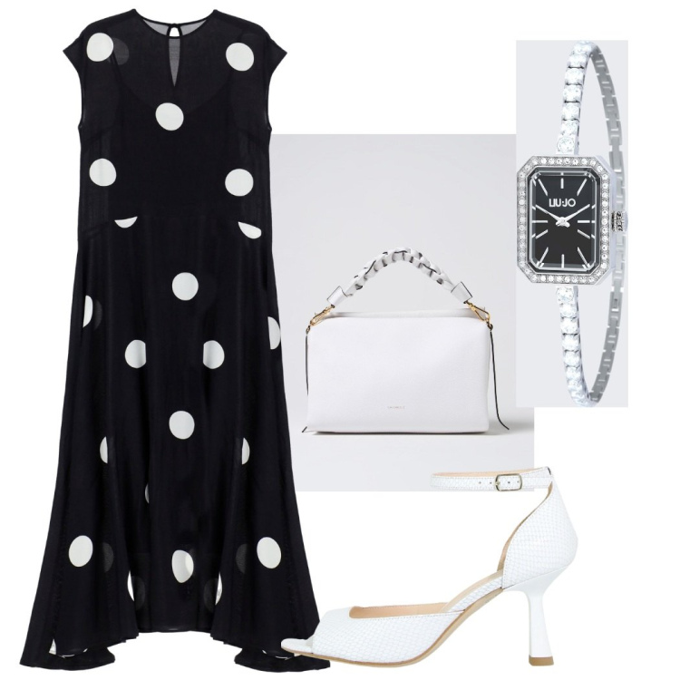 Outfit donna - Sere d\'estate. Stile Chic per Serata fuori. Abbinamento con décolleté, vestiti lunghi, orologi, borse a mano.