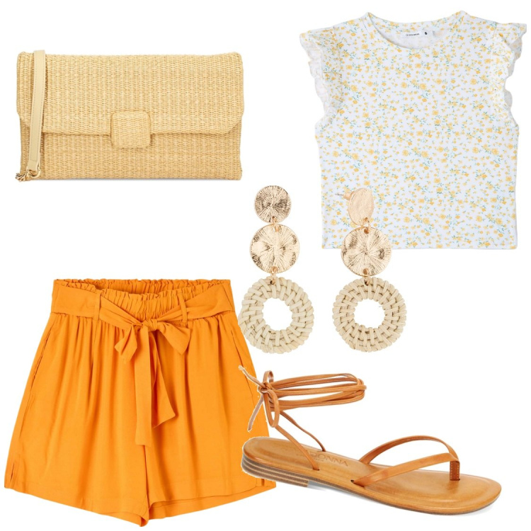 Outfit donna - Uscite pomeridiane estive. Stile Casual chic per Tutti i giorni. Abbinamento con orecchini, shorts, t-shirt, pochette, sandali.