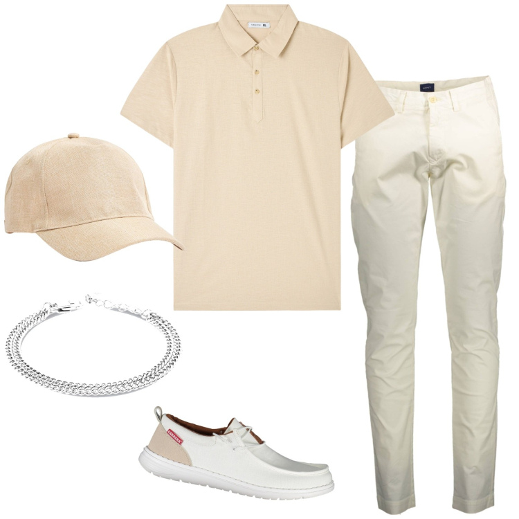 Outfit uomo - Toni chiari contro il caldo. Stile Casual per Tutti i giorni. Abbinamento con polo, cappelli, scarpe stringate, braccialetti, pantaloni.