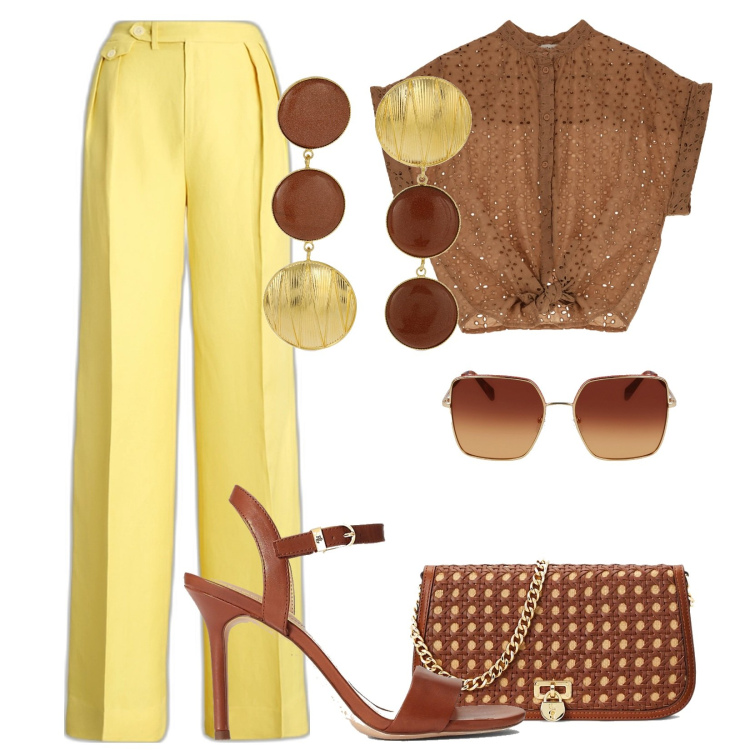 Outfit donna - Total look #1891762. Stile Chic per Ufficio. Abbinamento con bluse, pantaloni, borse a spalla, sandali in pelle, occhiali da sole, orecchini.