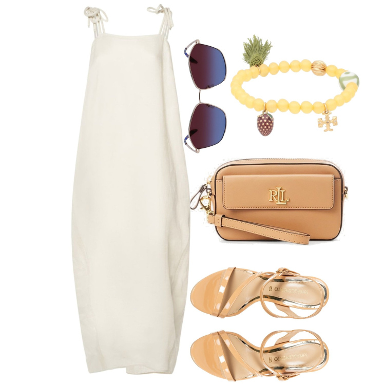 Outfit donna - Ghost outfitter - giugno. Stile Chic per Tutti i giorni. Abbinamento con braccialetti, sandali in pelle, pochette, vestiti midi/longuette, occhiali da sole.