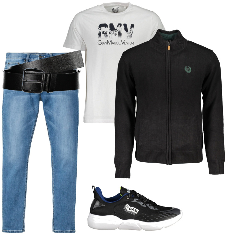 Outfit uomo - Total look #1891786. Stile Trendy per Tutti i giorni. Abbinamento con jeans, t-shirt, cardigans, scarpe sportive, cinture.