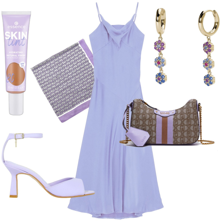 Outfit donna - Serata estiva. Stile Casual chic per Serata fuori. Abbinamento con fondotinta, orecchini, vestiti lunghi, décolleté, borse a tracolla, sciarpe.