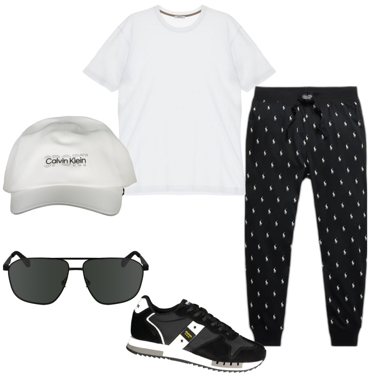 Outfit uomo - A passeggio con il cane. Stile Casual per Sport. Abbinamento con t-shirt, pantaloni, occhiali da sole, cappelli con visiera, sneakers.