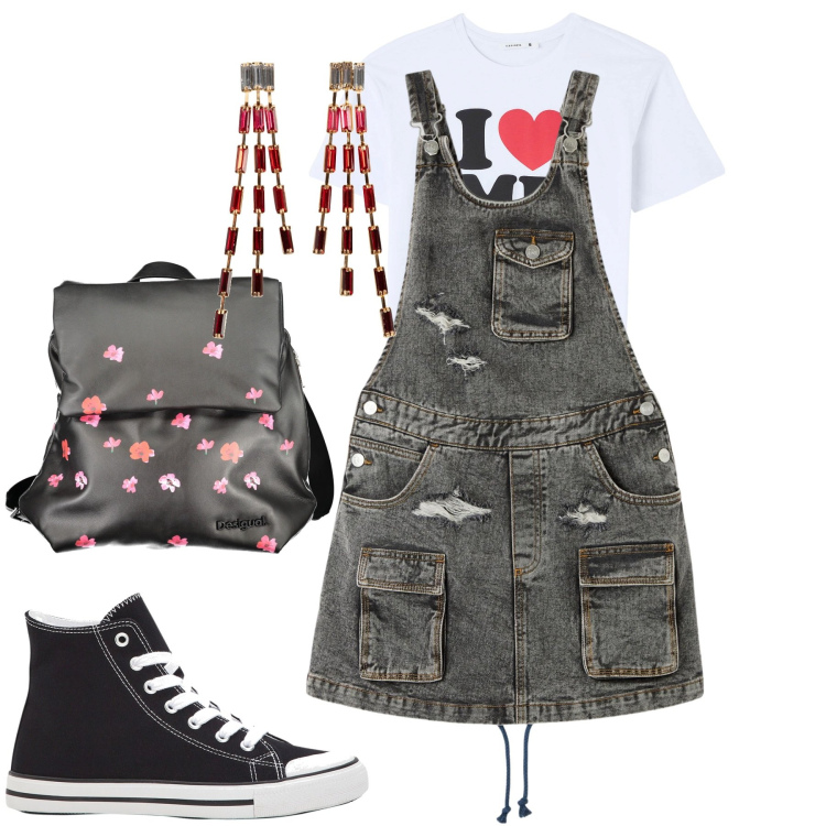 Outfit donna - City. Stile Casual per Tutti i giorni. Abbinamento con sneakers alte, orecchini, t-shirt, salopette, zaini.