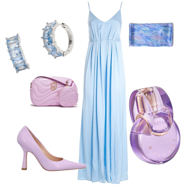 Outfit donna - Azzurro. Abbinamento con profumi, orecchini, vestiti lunghi, sciarpe, borse a tracolla, décolleté.