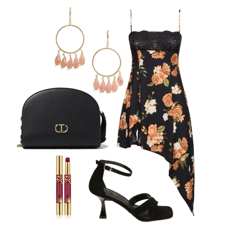 Outfit donna - Ghost outfitter - giugno. Stile Glamour per Serata fuori. Abbinamento con rossetti, sandali col tacco, orecchini, vestiti asimmetrici, borse a tracolla.