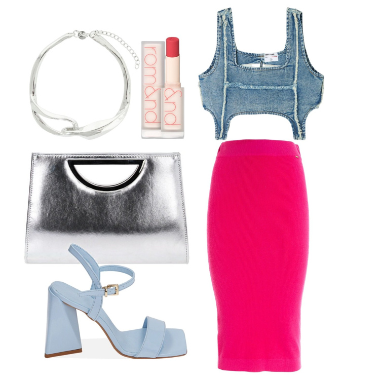 Outfit donna - Ghost outfitter - giugno. Stile Glamour per Tutti i giorni. Abbinamento con rossetti, top, gonne longuette, pochette, sandali col tacco, collane.