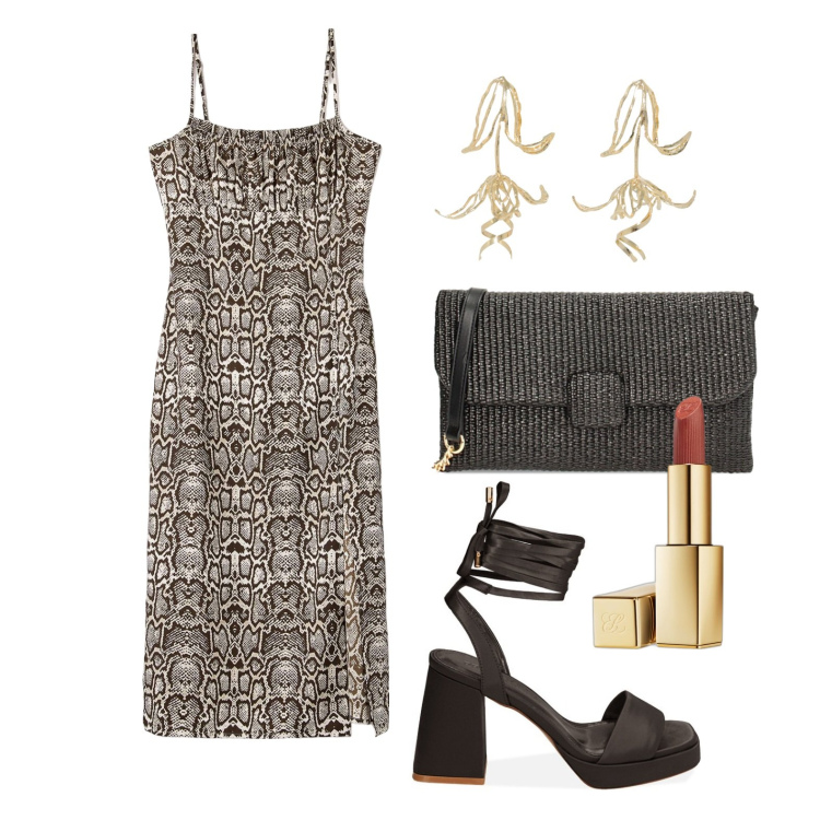 Outfit donna - Ghost outfitter - giugno. Stile Trendy per Serata fuori. Abbinamento con rossetti, vestiti lunghi, pochette, sandali col tacco, orecchini.