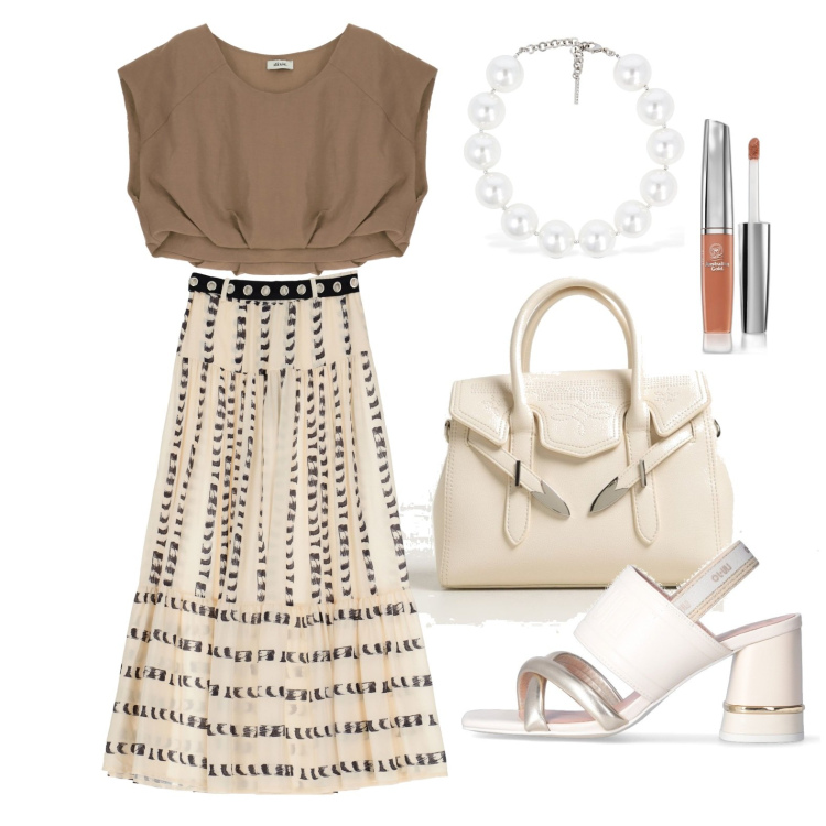 Outfit donna - Ghost outfitter - giugno. Stile Casual chic per Ufficio. Abbinamento con gloss, canottiere, gonne lunghe, sandali col tacco, borse a mano, collane.