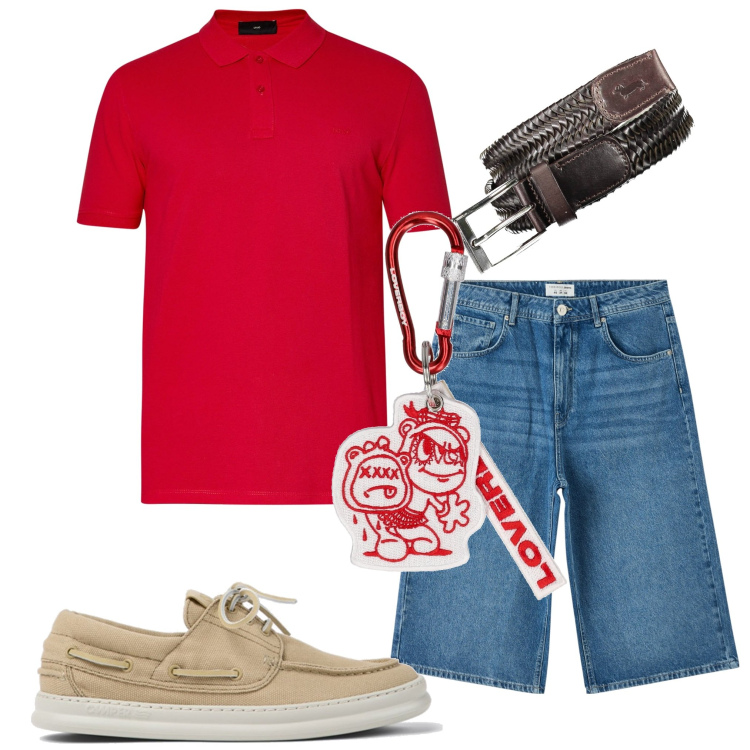 Outfit uomo - Oggi pomeriggio. Stile Casual per Tutti i giorni. Abbinamento con pantaloni corti, portachiavi, cinture, scarpe stringate, polo.