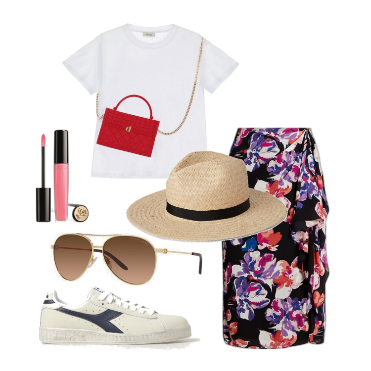 Outfit donna - Ghost outfitter - giugno. Stile Trendy per Tutti i giorni. Abbinamento con gloss, t-shirt, occhiali da sole, gonne, sciarpe, sneakers.