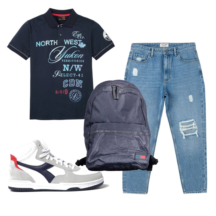 Outfit uomo - Total look #1891875. Stile Trendy per Tutti i giorni. Abbinamento con polo, jeans strappati, borse sportive, sneakers.