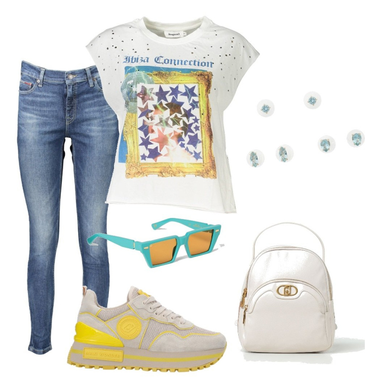 Outfit donna - Vado comoda. Stile Urban per Tutti i giorni. Abbinamento con orecchini, t-shirt, sneakers, jeans skinny, zaini, occhiali da sole.