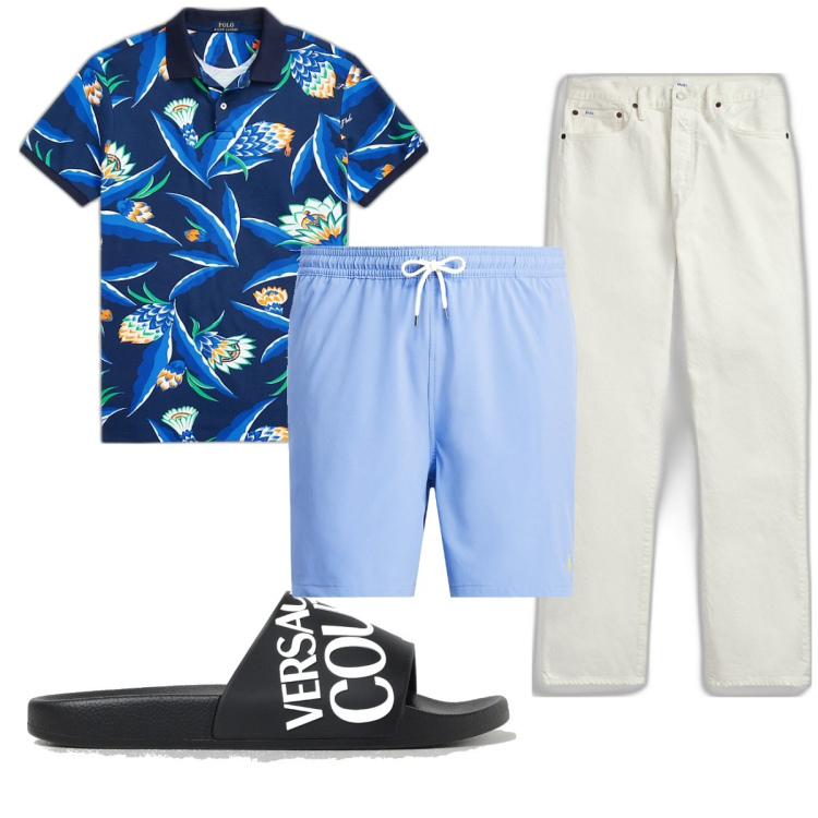 Outfit uomo - Total look #1891879. Stile Trendy per Mare. Abbinamento con jeans dritti, polo, costumi, sandali.
