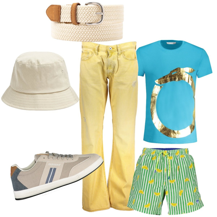 Outfit uomo - Al mare. Stile Casual per Mare. Abbinamento con cappelli, t-shirt, sneakers, cinture, jeans dritti, costumi.