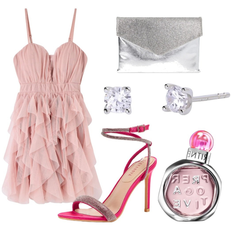 Outfit donna - Cerimonia. Stile Chic per Cerimonia. Abbinamento con profumi, sandali col tacco, vestiti corti, orecchini, pochette.