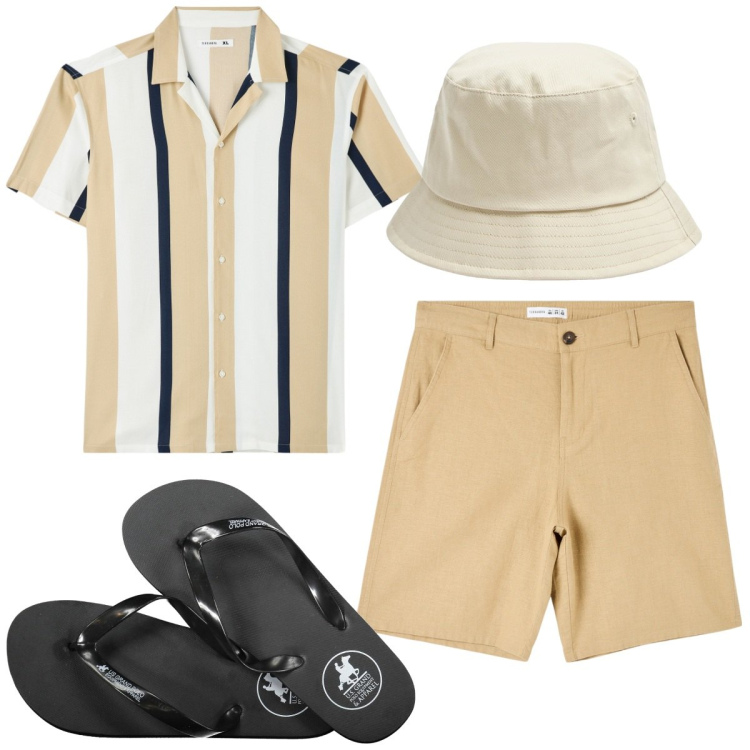 Outfit uomo - Total look #1891884. Stile Trendy per Tutti i giorni. Abbinamento con cappelli, camicie a manica corta, shorts, sandali.