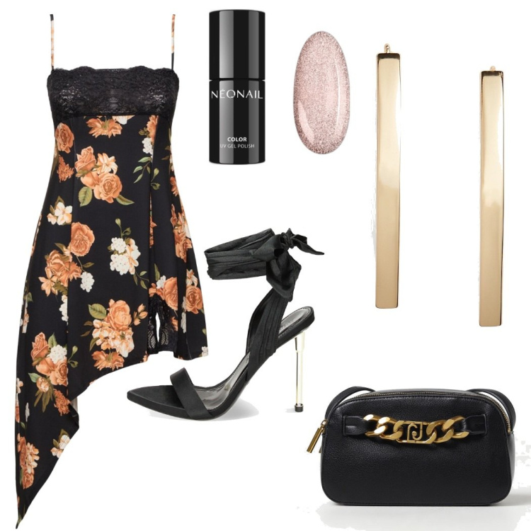 Outfit donna - Serata elegante. Stile Chic per Serata fuori. Abbinamento con smalti, sandali col tacco, orecchini, vestiti asimmetrici, borse a spalla.