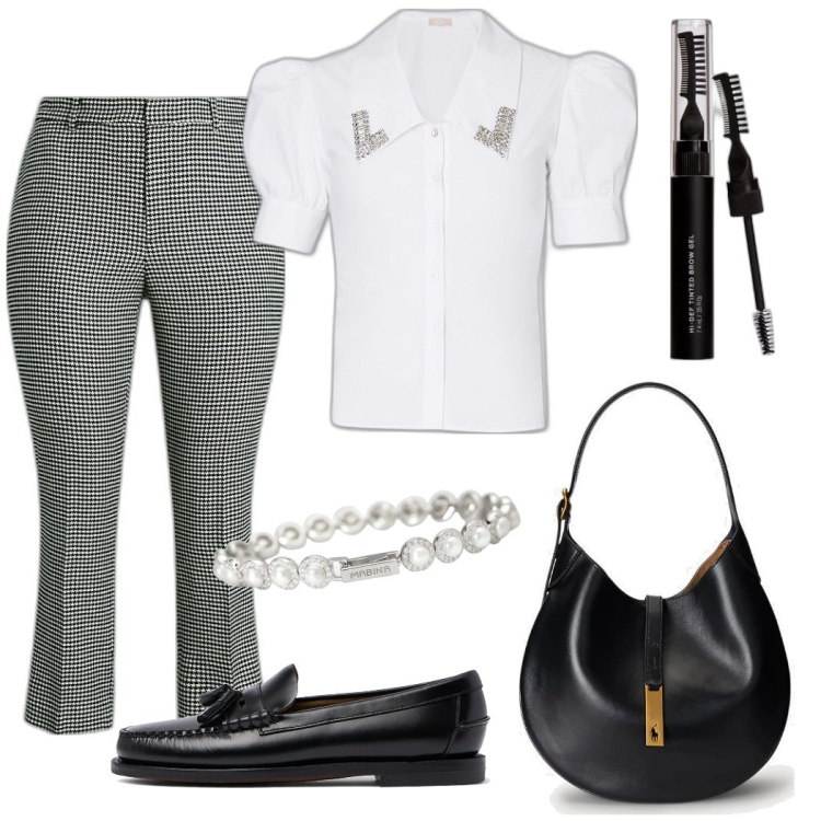 Outfit donna - Mocassini. Stile Bon Ton per Ufficio. Abbinamento con mascara, braccialetti, borse a spalla, pantaloni, camicie a manica corta, mocassini.