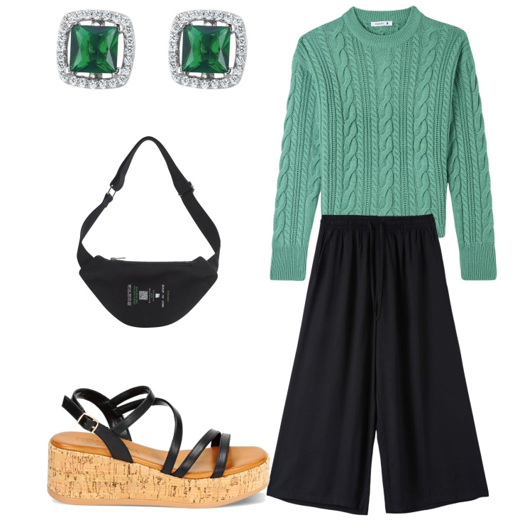 Outfit donna - Total look. Stile Basic per Tutti i giorni. Abbinamento con pantaloni a palazzo, marsupi, maglieria, orecchini, zeppe.