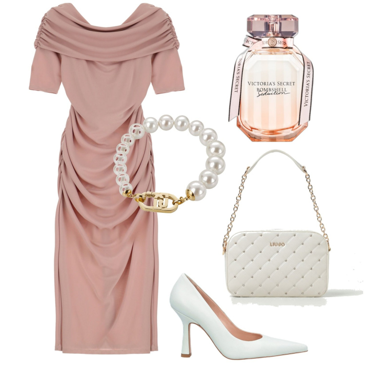 Outfit donna - Bardot. Stile Chic per Cerimonia. Abbinamento con profumi, vestiti midi/longuette, braccialetti, décolleté, borse a spalla.