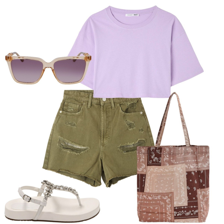 Outfit donna - Gli shorts strappati. Stile Basic per Tutti i giorni. Abbinamento con shorts, shopping bag, t-shirt, ciabatte, occhiali da sole.