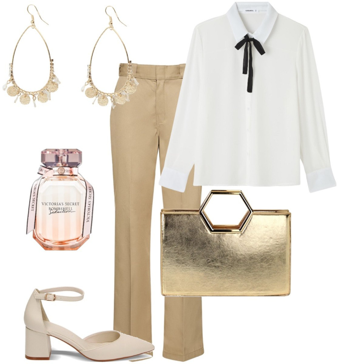 Outfit donna - Riunione di lavoro. Stile Bon Ton per Ufficio. Abbinamento con profumi, orecchini, camicie, décolleté, borse a mano, pantaloni.