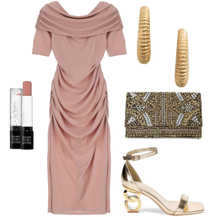 Outfit donna - Effetto nude. Stile Chic per Cerimonia. Abbinamento con rossetti, sandali col tacco, orecchini, vestiti midi/longuette, pochette.