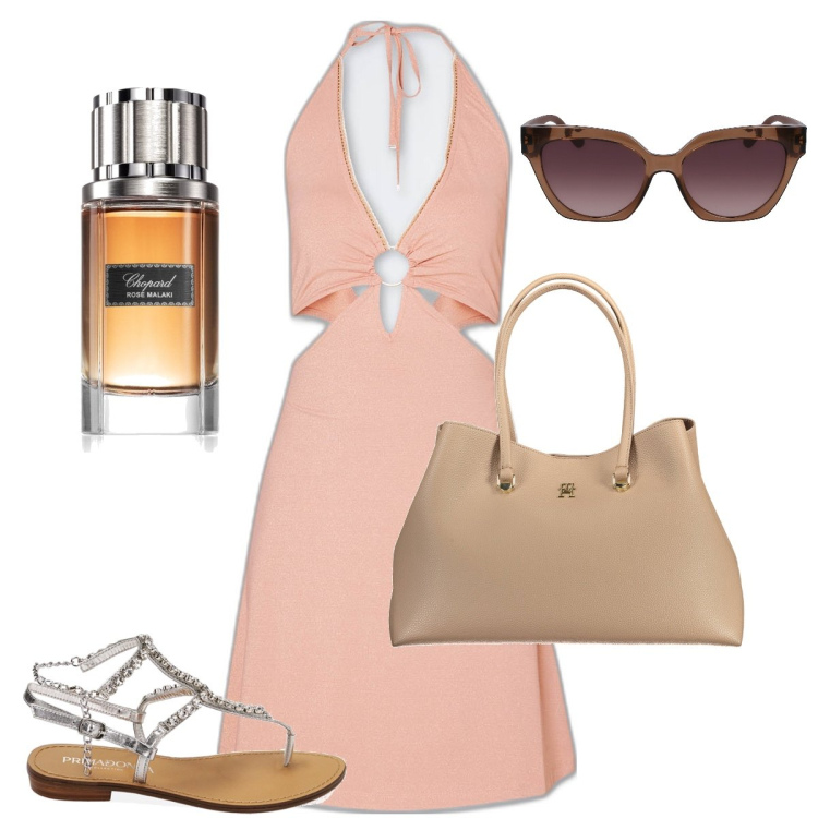 Outfit donna - L’abitino rosa. Stile Romantica per Tutti i giorni. Abbinamento con profumi, ciabatte, vestiti corti, occhiali da sole, borse a spalla.
