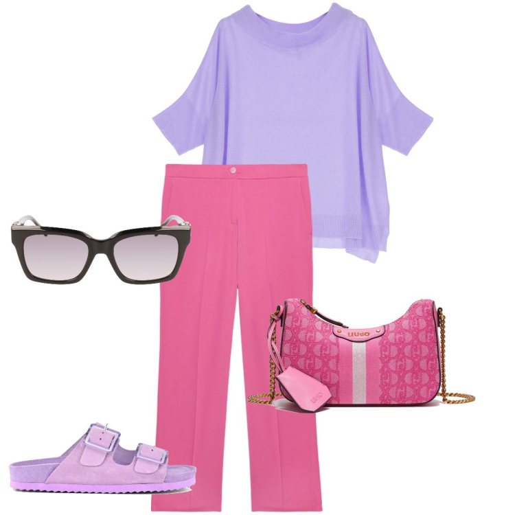 Outfit donna - Lilla e ciclamino. Stile Casual chic per Tutti i giorni. Abbinamento con maglieria, sandali, pantaloni, borse a tracolla, occhiali da sole.