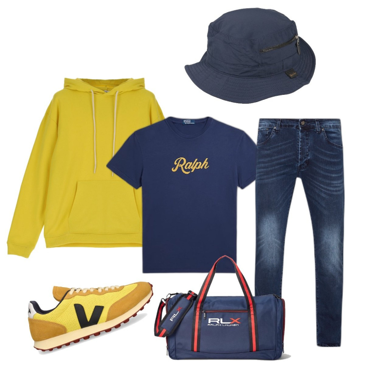 Outfit uomo - Total look #1891954. Stile Trendy per Sport. Abbinamento con cappelli, felpe con cappuccio, t-shirt, borse sportive, sneakers, jeans skinny.