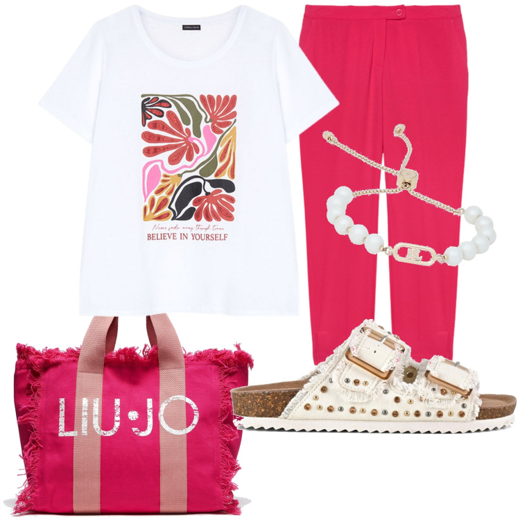 Outfit donna - Tutti i giorni. Stile Casual per Tutti i giorni. Abbinamento con braccialetti, sandali, pantaloni, shopping bag, t-shirt.