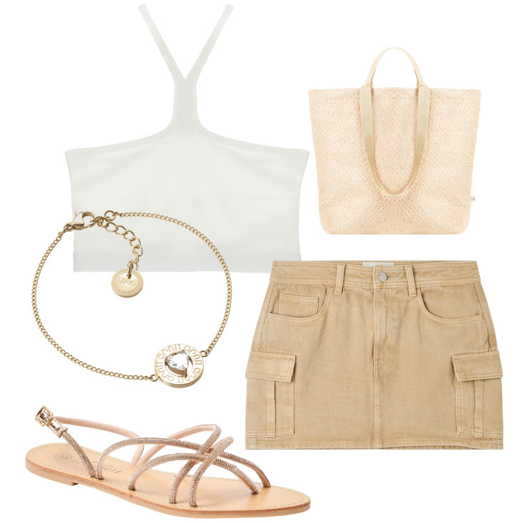 Outfit donna - Total look #1891970. Stile Casual chic per Tutti i giorni. Abbinamento con minigonne, sandali, borse tote, top, braccialetti.