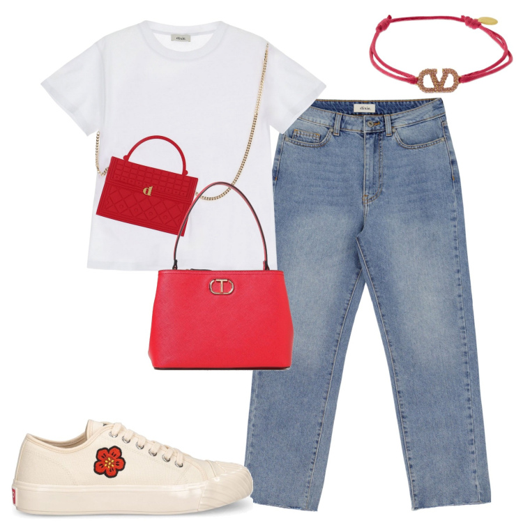 Outfit donna - City. Stile Casual chic per Tutti i giorni. Abbinamento con jeans slim fit, t-shirt, braccialetti, sneakers, borse a spalla.