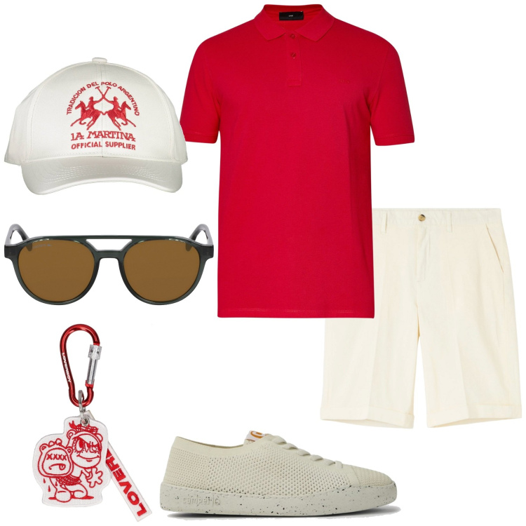 Outfit uomo - Ti passo a prendere. Stile Casual per Tutti i giorni. Abbinamento con bermuda, portachiavi, cappelli con visiera, occhiali da sole, scarpe stringate, polo.